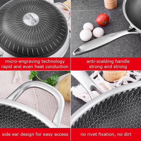 NNEDSZ 316 Stainless Steel Non-Stick Stir Fry Cooking Kitchen Wok Pan without Lid Honeycomb Double Sided