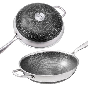 NNEDSZ 316 Stainless Steel Non-Stick Stir Fry Cooking Kitchen Wok Pan with Lid Honeycomb Double Sided