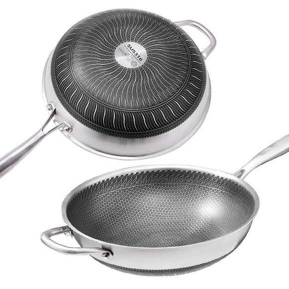 NNEDSZ 316 Stainless Steel Non-Stick Stir Fry Cooking Kitchen Wok Pan with Lid Honeycomb Double Sided