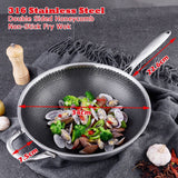 NNEDSZ 316 Stainless Steel Non-Stick Stir Fry Cooking Kitchen Wok Pan without Lid Honeycomb Double Sided