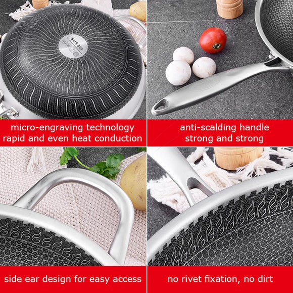 NNEDSZ 304 Stainless Steel Non-Stick Stir Fry Cooking Kitchen Wok Pan without Lid Honeycomb Double Sided