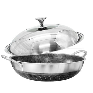NNEDSZ 304 Stainless Steel 34cm Non-Stick Stir Fry Cooking Kitchen Wok Pan with Lid Honeycomb Double Sided