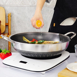 NNEDSZ 304 Stainless Steel 34cm Double Ear Non-Stick Stir Fry Cooking Kitchen Wok Pan Without Lid Honeycomb Double Sided