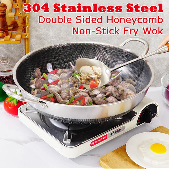 NNEDSZ 304 Stainless Steel 38cm Non-Stick Stir Fry Cooking Kitchen Wok Pan without Lid Honeycomb Double Sided