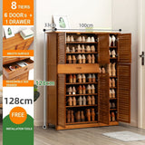 NNEDSZ 8 Tier Bamboo Large Capacity Storage Shelf Shoe Rack Cabinet 4Doors 1 Drawer Natural