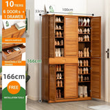 NNEDSZ 8 Tier Bamboo Large Capacity Storage Shelf Shoe Rack Cabinet 4Doors 1 Drawer Natural