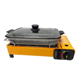 NNEDSZ Portable Gas Stove Burner Butane BBQ Camping Gas Cooker With Non Stick Plate Black with Fish Pan and Lid