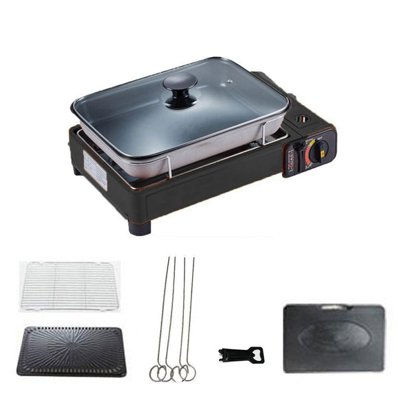 NNEDSZ Portable Gas Stove Burner Butane BBQ Camping Gas Cooker With Non Stick Plate Black with Fish Pan and Lid