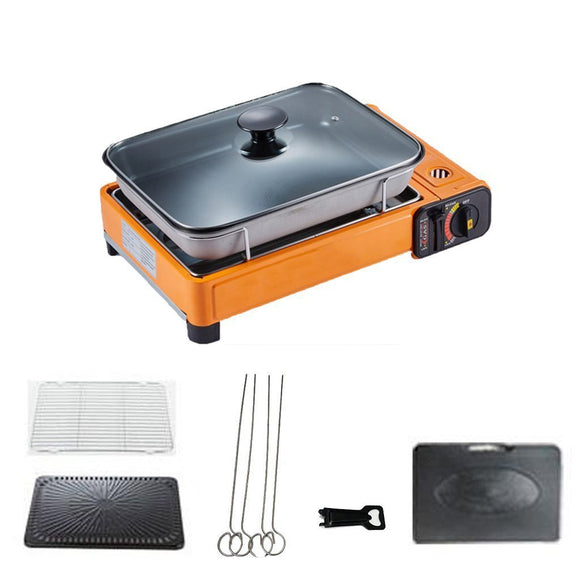 NNEDSZ Portable Gas Stove Burner Butane BBQ Camping Gas Cooker With Non Stick Plate Orange with Fish Pan and Lid