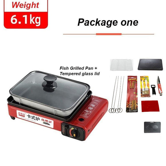 NNEDSZ Portable Gas Stove Burner Butane BBQ Camping Gas Cooker With Non Stick Plate Red with Fish Pan and Lid