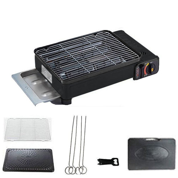 NNEDSZ Portable Gas Stove Burner Butane BBQ Camping Gas Cooker With Non Stick Plate Black without Fish Pan and Lid