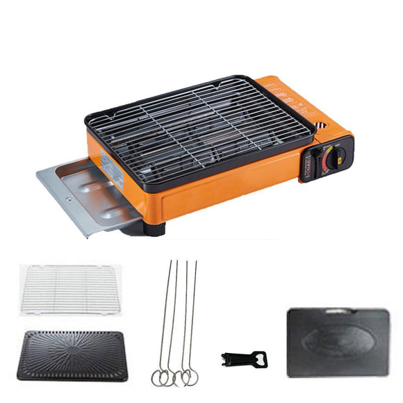 NNEDSZ Portable Gas Stove Burner Butane BBQ Camping Gas Cooker With Non Stick Plate Orange without Fish Pan and Lid