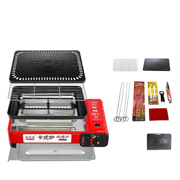 NNEDSZ Portable Gas Stove Burner Butane BBQ Camping Gas Cooker With Non Stick Plate Red without Fish Pan and Lid