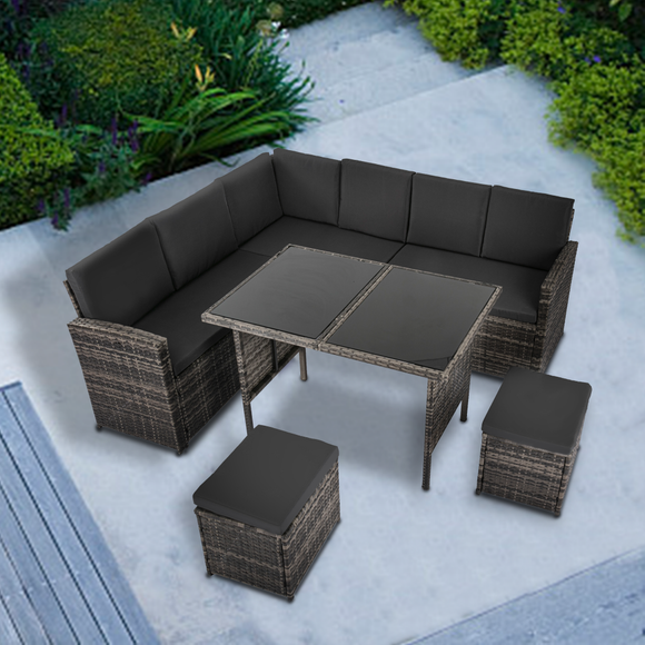 NNEDSZ Ella 8-Seater Modular Outdoor Garden Lounge and Dining Set with Table and Stools in Dark Grey Weave