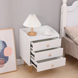 NNEDSZ Winston 3 - Drawer Nightstand Bedside Table with Gold Steel Legs Tray Top White