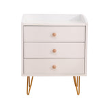 NNEDSZ Winston 3 - Drawer Nightstand Bedside Table with Gold Steel Legs Tray Top White