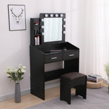 NNEDSZ Diana Vanity Set with Shelves Cushioned Stool and Lighted Mirror- Black
