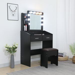 NNEDSZ Diana Vanity Set with Shelves Cushioned Stool and Lighted Mirror- Black