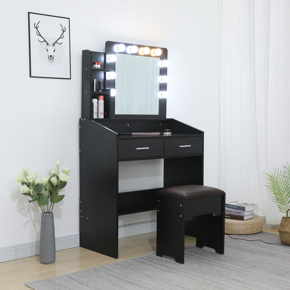 NNEDSZ Diana Vanity Set with Shelves Cushioned Stool and Lighted Mirror- Black