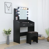 NNEDSZ Diana Vanity Set with Shelves Cushioned Stool and Lighted Mirror- Black