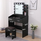 NNEDSZ Diana Vanity Set with Shelves Cushioned Stool and Lighted Mirror- Black