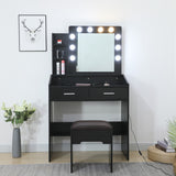 NNEDSZ Diana Vanity Set with Shelves Cushioned Stool and Lighted Mirror- Black