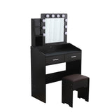 NNEDSZ Diana Vanity Set with Shelves Cushioned Stool and Lighted Mirror- Black