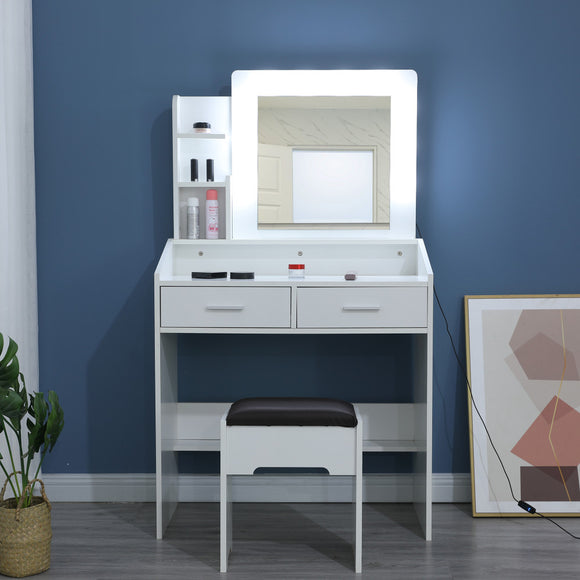NNEDSZ Diana Vanity Set with Shelves Cushioned Stool and Lighted Mirror- White
