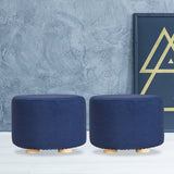 NNEDSZ 2 Set Dark Blue Fabric Ottoman Round Wooden Leg Foot Stool