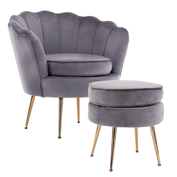 NNEDSZ Shell Scallop Grey Armchair Accent Chair Velvet + Round Ottoman Footstool