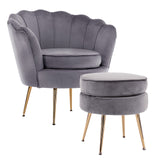 NNEDSZ Shell Scallop Grey Armchair Accent Chair Velvet + Round Ottoman Footstool
