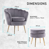 NNEDSZ Shell Scallop Grey Armchair Accent Chair Velvet + Round Ottoman Footstool