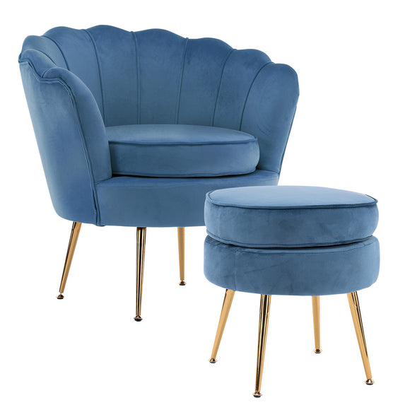 NNEDSZ Shell Scallop Navy Blue Armchair Accent Chair Velvet + Round Ottoman Footstool