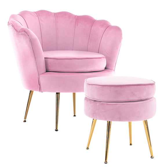 NNEDSZ Shell Scallop Pink Armchair Accent Chair Velvet + Round Ottoman Footstool