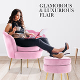 NNEDSZ Shell Scallop Pink Armchair Accent Chair Velvet + Round Ottoman Footstool