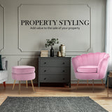 NNEDSZ Shell Scallop Pink Armchair Accent Chair Velvet + Round Ottoman Footstool