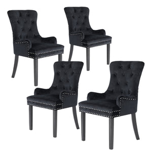 NNEDSZ 4 Set Black French Provincial Dining Chair Ring Studded Lisse Velvet Rubberwood