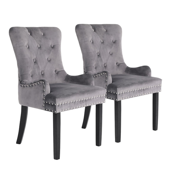NNEDSZ 2 Set Grey French Provincial Dining Chair Ring Studded Lisse Velvet Rubberwood