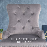 NNEDSZ 2 Set Grey French Provincial Dining Chair Ring Studded Lisse Velvet Rubberwood