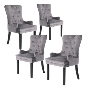NNEDSZ 4 Set Grey French Provincial Dining Chair Ring Studded Lisse Velvet Rubberwood