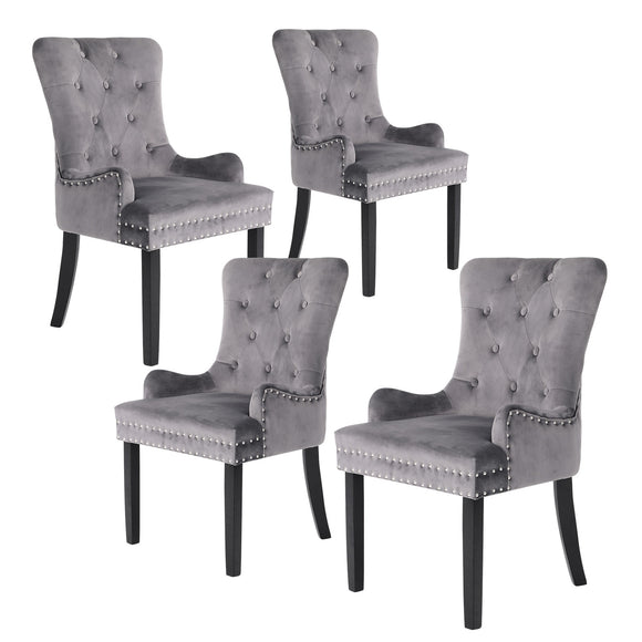 NNEDSZ 4 Set Grey French Provincial Dining Chair Ring Studded Lisse Velvet Rubberwood