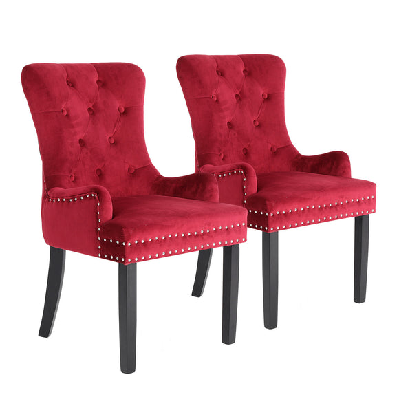 NNEDSZ 2 Set Bordeaux Red French Provincial Dining Chair Ring Studded Lisse Velvet Rubberwood