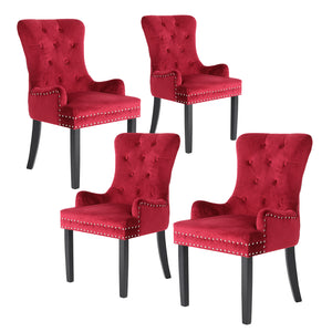 NNEDSZ 4 Set Bordeaux Red French Provincial Dining Chair Ring Studded Lisse Velvet Rubberwood