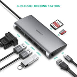 NNEDSZ Type C 8 in 1 Multifultion adaptor VGA/RJ45/USB3.0 x 3/SD/TF/TypeC PD Protocal (50539)