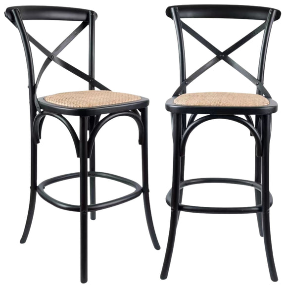 NNEDSZ 2pc Crossback Bar Stools Dining Chair Solid Birch Timber Rattan Seat Black