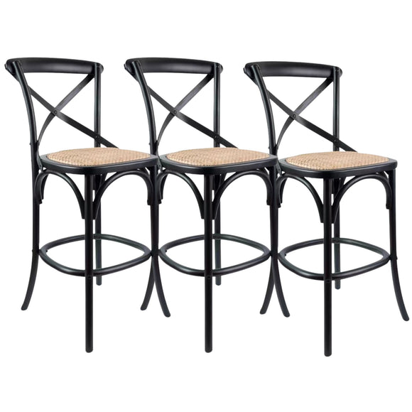 NNEDSZ 3pc Crossback Bar Stools Dining Chair Solid Birch Timber Rattan Seat Black