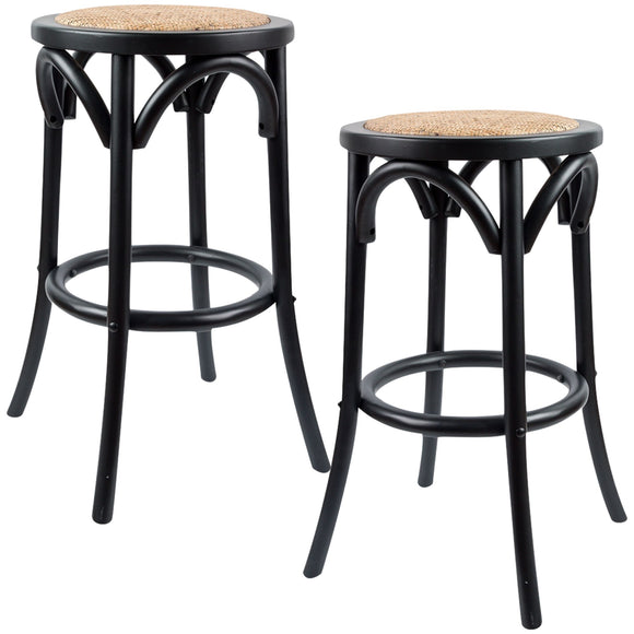 NNEDSZ 2pc Round Bar Stools Dining Stool Chair Solid Birch Wood Rattan Seat Black