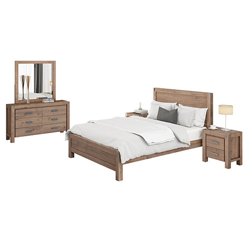 NNEDSZ Pieces Bedroom Suite in Solid Wood Veneered Acacia Construction Timber Slat Double Size Oak Colour Bed, Bedside Table & Dresser