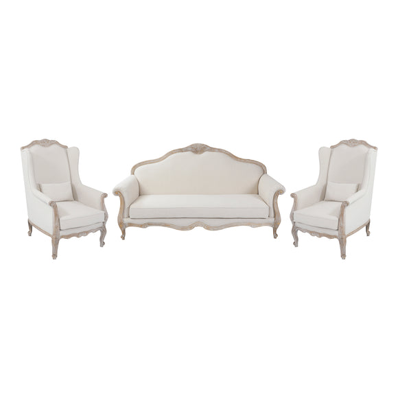 NNEDSZ 3S+2 XWing Chair Oak Wood White Washed Finish Rolled Armrest Linen Sofa Fabric