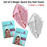 NNEDSZ Set of 2 Magic Quick Dry Microfibre Hair Dryer Towels Pink + White